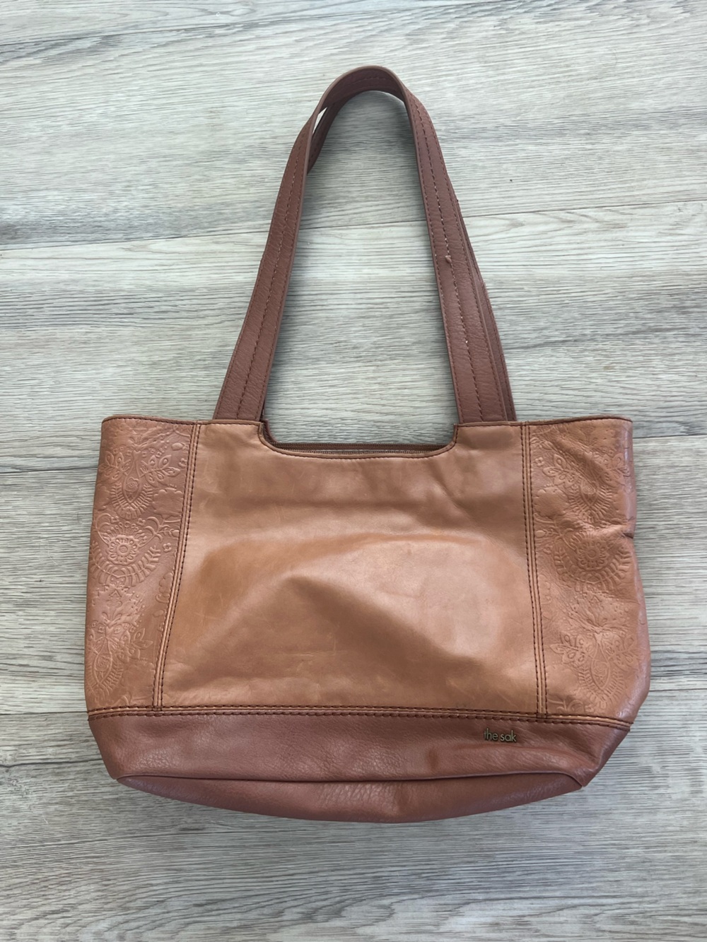 The Sak De Young Floral Embossed Leather Handbag Tote Tobacco Brown